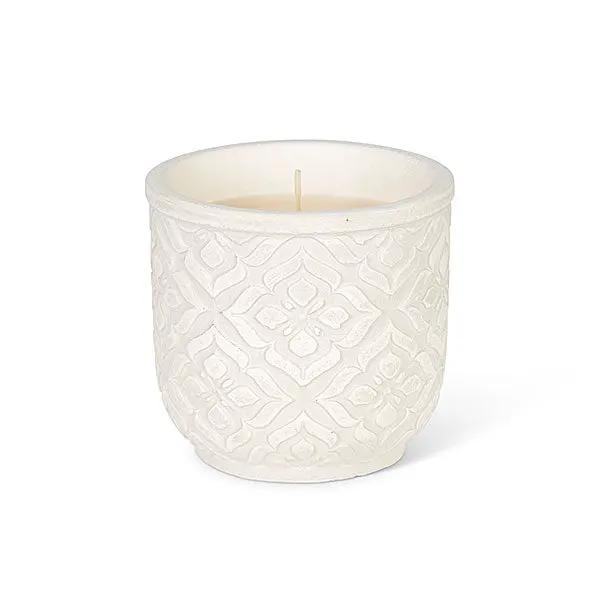 Candle in white earthenware jar with embossed floral pattern, 3.5 inch Sunkissed on Tampa Home & Garden Store
