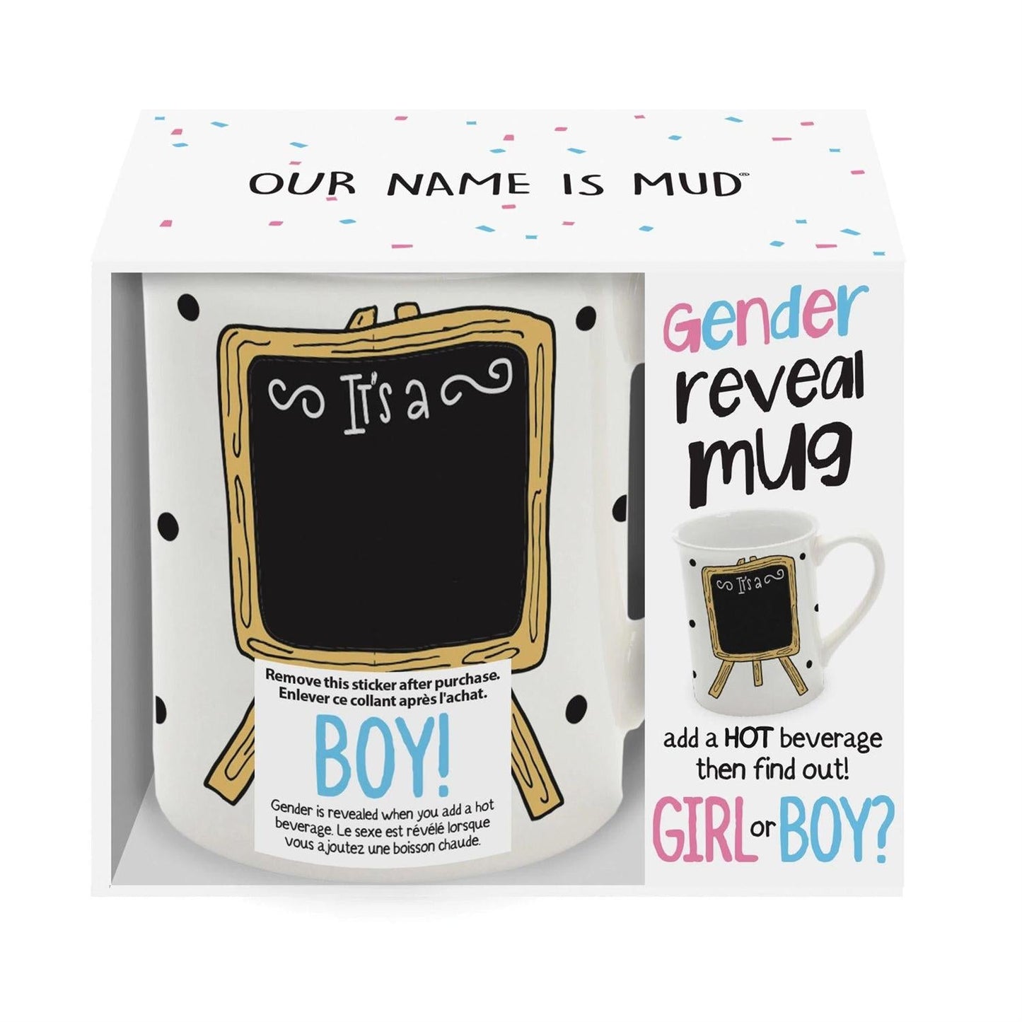 Gender reveal heat mug by The Country Christmas Loft with chalkboard sign It's a Boy on Tampa Home & Garden Store