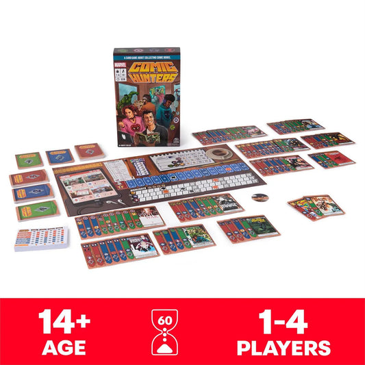 Marvel Comic Hunters Strategy Card Game with colorful hero cards, game board, and tokens on Tampa Home & Garden Store