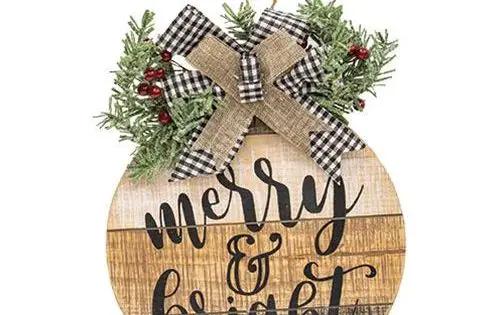 Rustic slat wood round Christmas wall hanging Country Christmas Loft with greenery and plaid bow on Tampa Home & Garden Store