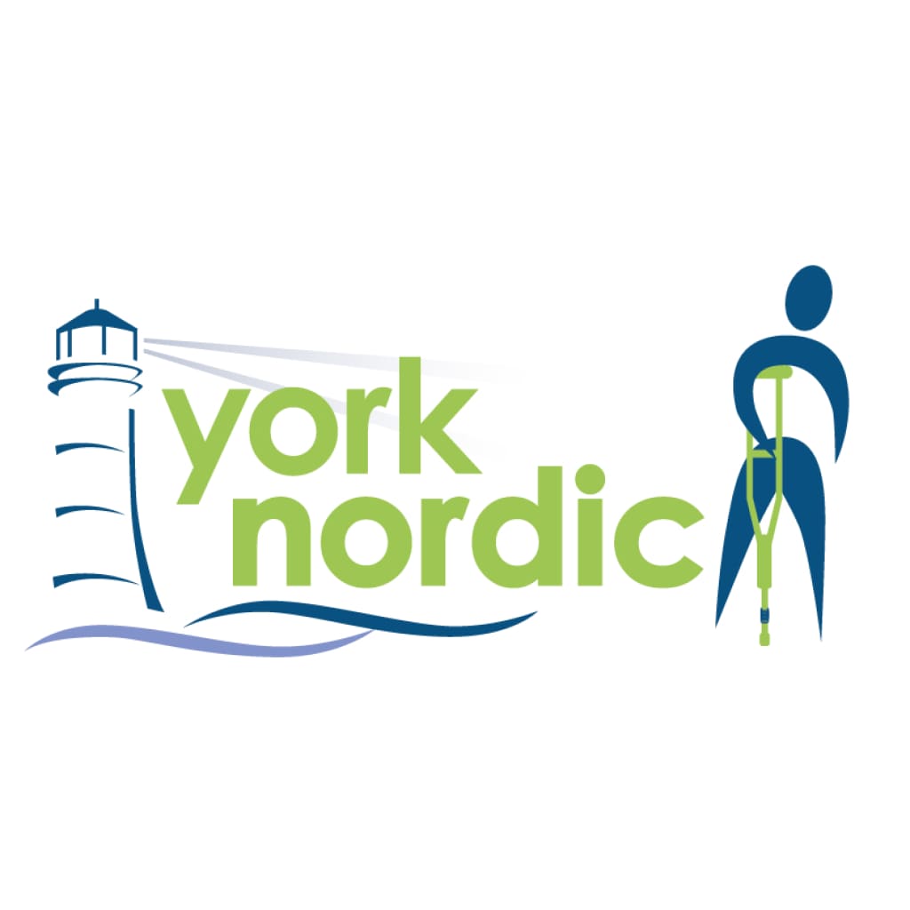 Crutches York Nordic logo with blue lighthouse and green abstract figure on Tampa Home & Garden Store