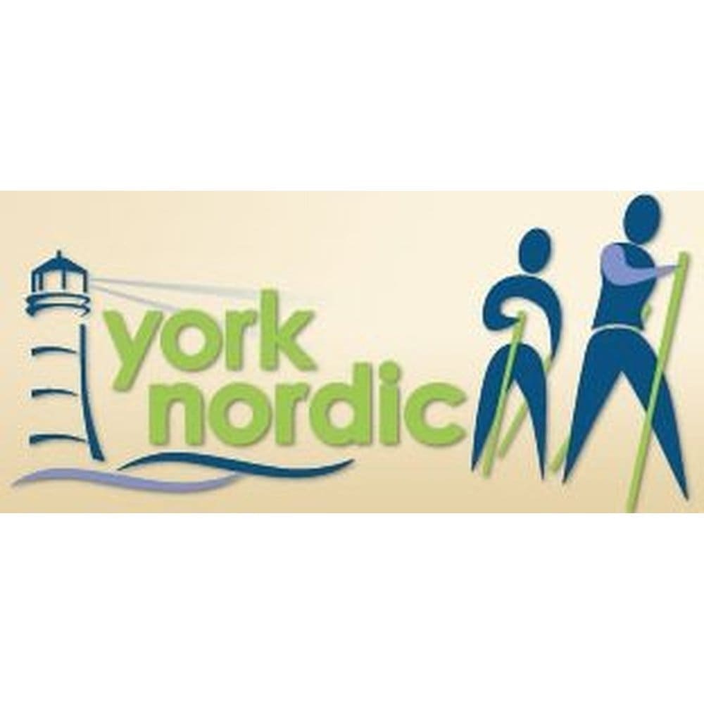Hiking poles banner with York Nordic logo in lime green and two blue trekking figures on Tampa Home & Garden Store