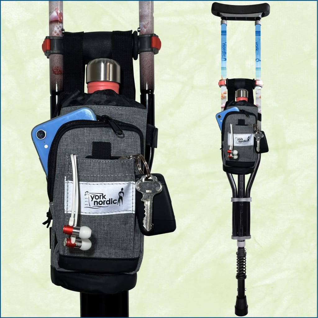 York Nordic Underarm Crutch Bag on a walking aid with fabric, front pocket, keys, phone on Tampa Home & Garden Store
