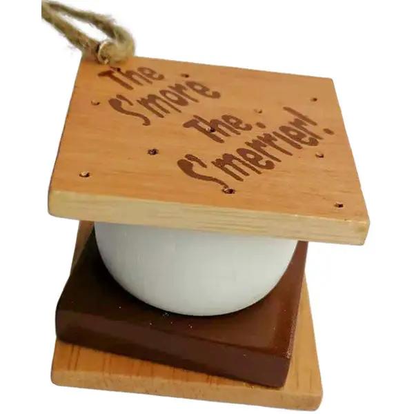 Wooden S'more Ornament with S'merrier, brown wood and white marshmallow on Tampa Home & Garden Store