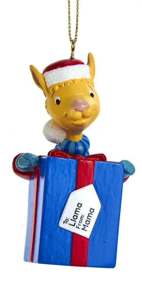 Llama Llama Gift Ornament with Santa Hat on blue gift box with red ribbon and tag on Tampa Home & Garden Store