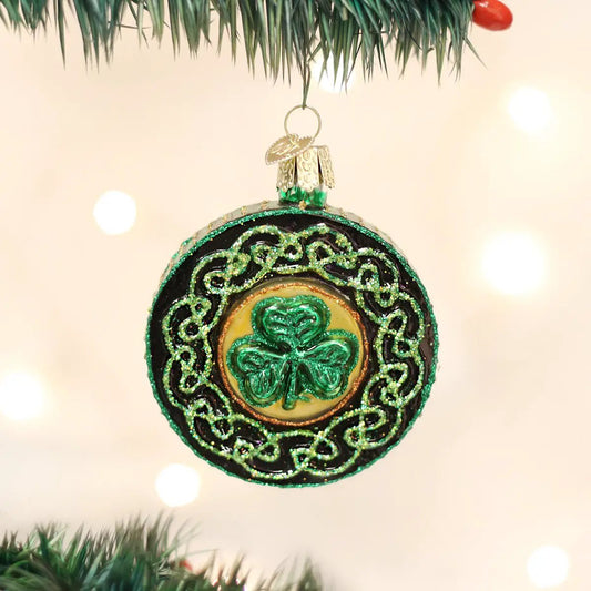 Celtic Brooch Glass Ornament with Shamrock, green glitter ring and gold center on Tampa Home & Garden Store