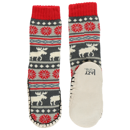 Moose Fair Isle Kids Mukluks knit slippers with red cuffs and reindeer pattern, pair on Tampa Home & Garden Store