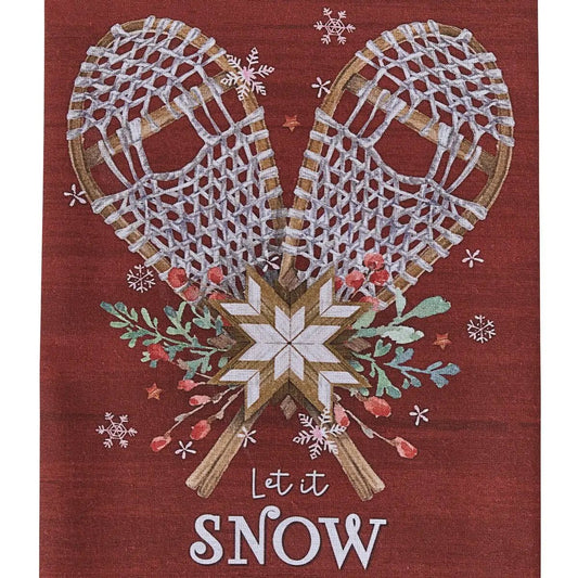 Let It Snow printed dishtowel red kitchen towel with lattice heart motif and snowflakes on Tampa Home & Garden Store