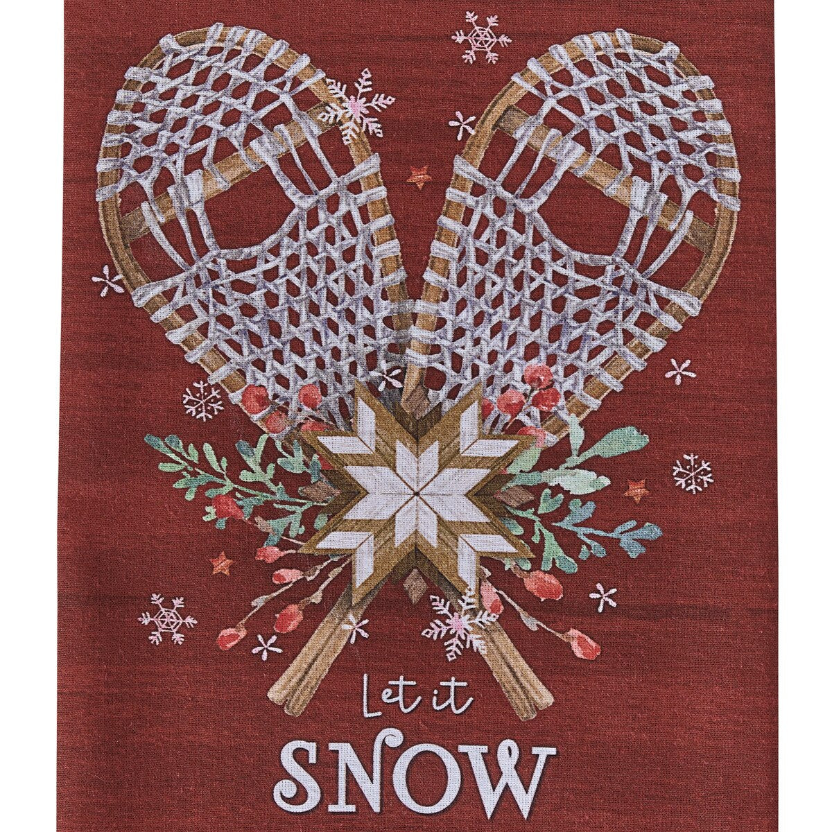 Let It Snow printed dishtowel red kitchen towel with lattice heart motif and snowflakes on Tampa Home & Garden Store