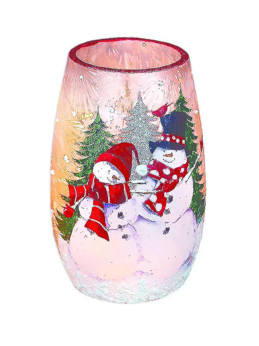 Cardinal and Snowman Lighted Jar pink-tinted glass with scene Country Christmas Loft on Tampa Home & Garden Store