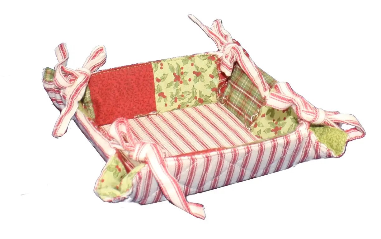Tis the Season Fabric Basket for Treats patchwork red green cream linen with striped fabric handles on Tampa Home & Garden Store