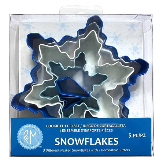 Snowflake color cookie cutter set, 5-piece with blue, white, gray nested snowflake cutters on Tampa Home & Garden Store