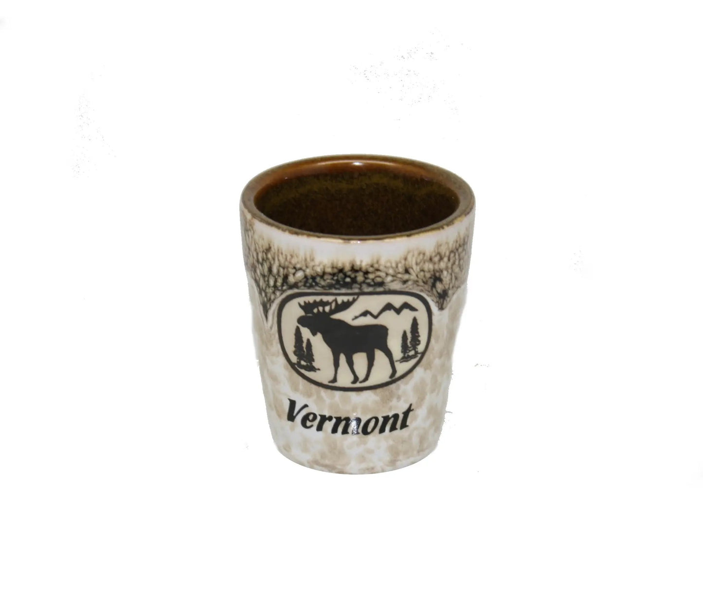 Moose scene ceramic shot glass with oval drip tan glaze and mountain emblem on Tampa Home & Garden Store