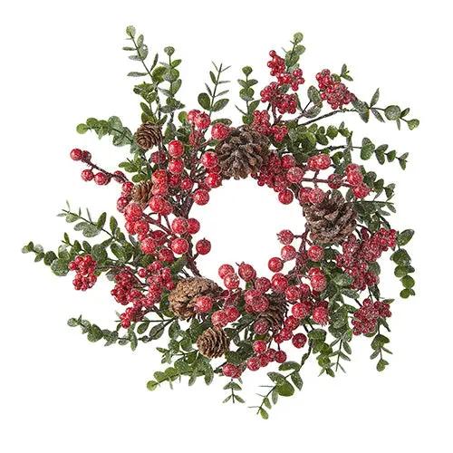 Iced Berry and Pinecone Mini Wreath Candle Ring with red berries and pinecones on Tampa Home & Garden Store