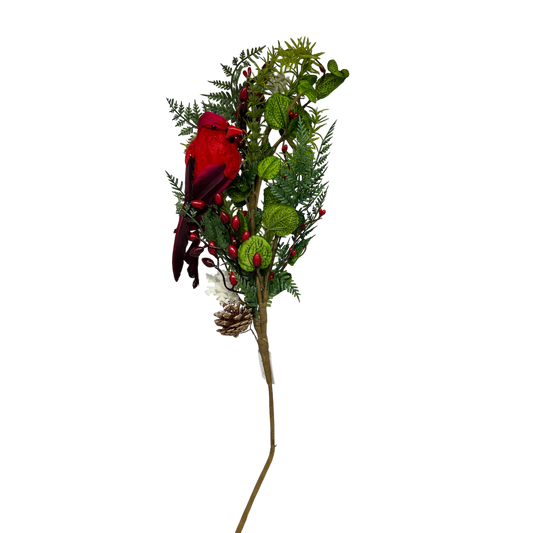 Cardinal Holiday Floral Stem with Berries red cardinal among greens by Country Christmas Loft on Tampa Home & Garden Store