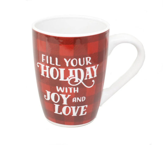 Modern Plaid Holiday Mug red plaid exterior with white interior and handle on Tampa Home & Garden Store