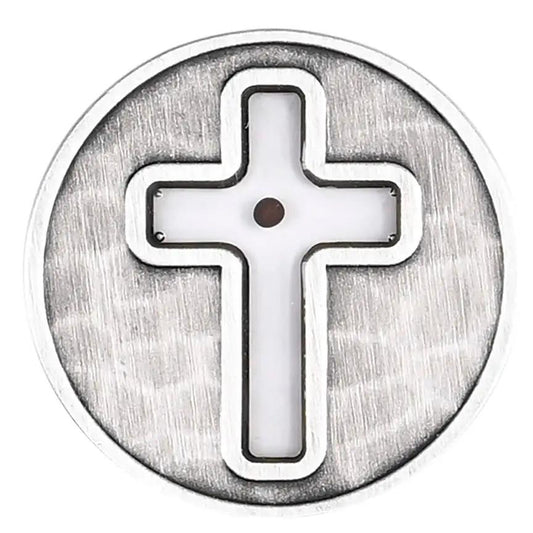 Mustard Seed Resin Pocket Stone Cross charm on metal disc with white resin cross inset on Tampa Home & Garden Store