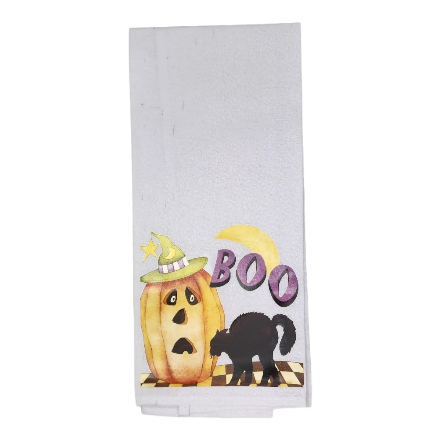 Halloween Tea Towel Boo by Nicole Tamarin pumpkin, witch hat, and black cat on light gray towel on Tampa Home & Garden Store
