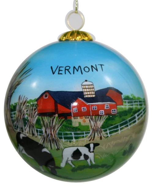 Boule de Noël en verre peinte à la main - Vaches et granges du Vermont