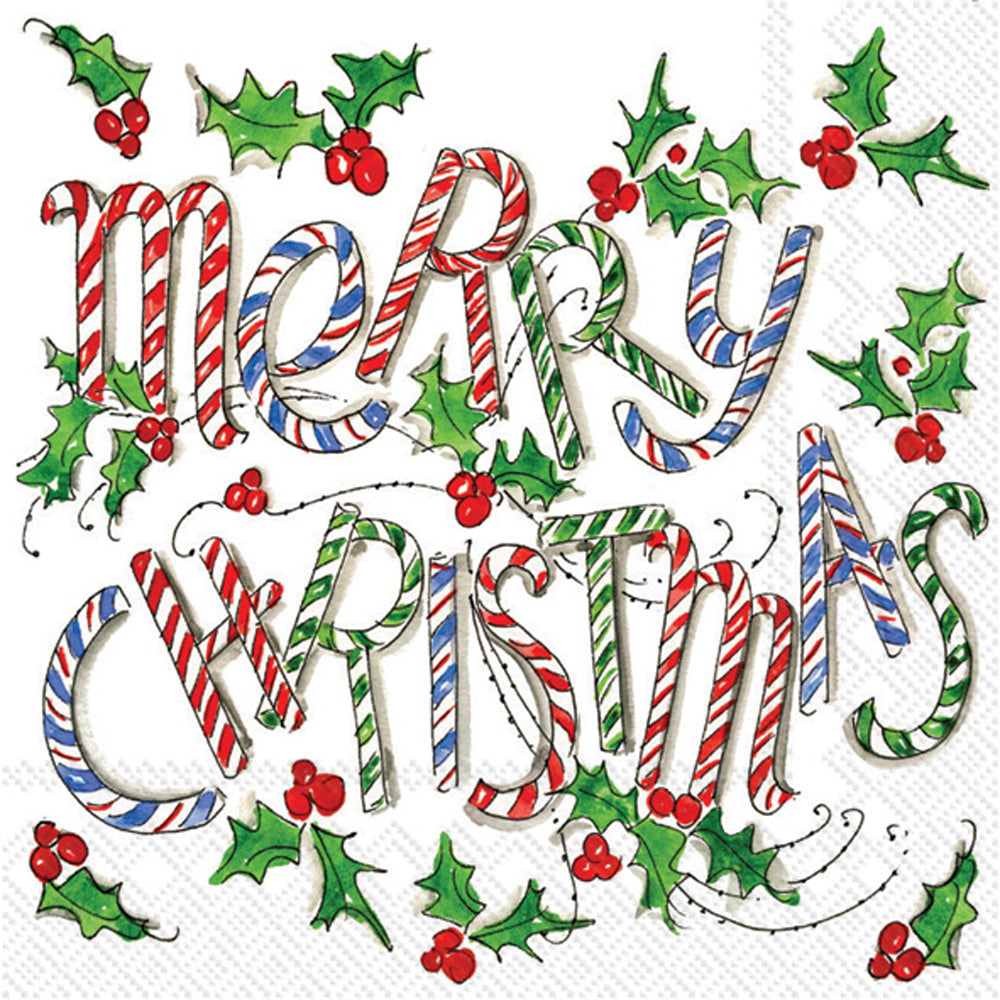 Merry Christmas Cane Cocktail Napkins, 20-count, red candy cane text with holly accents on Tampa Home & Garden Store