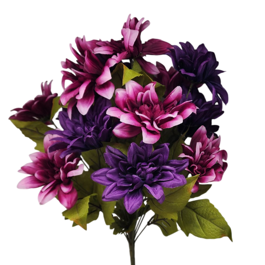 Vibrant dahlia floral arrangement in pink and purple artificial blooms with green leaves on Tampa Home & Garden Store