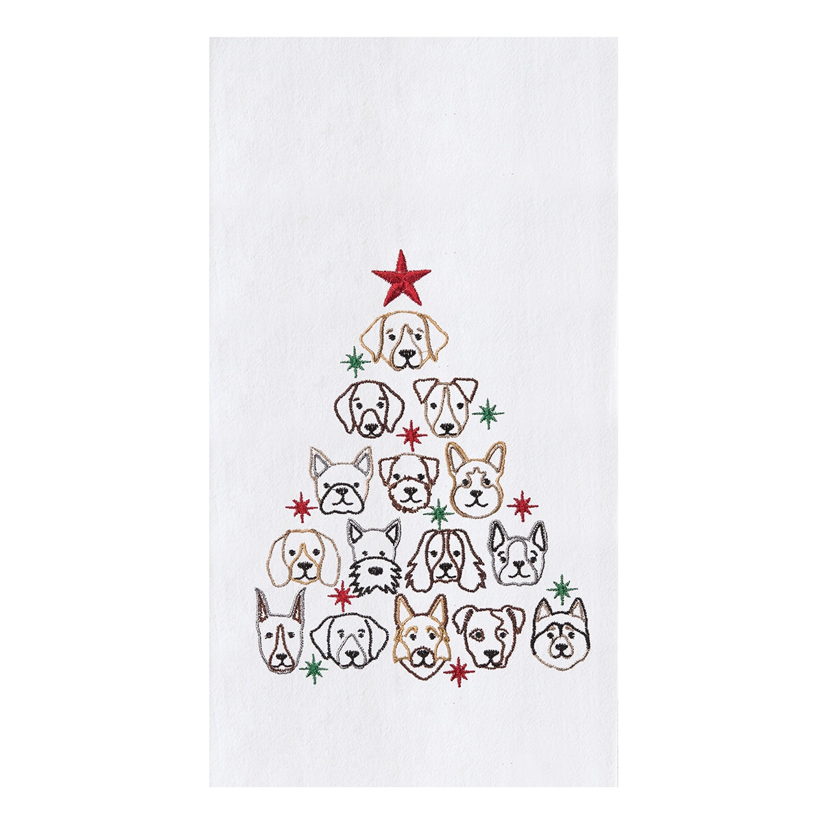 Dog Face Christmas Tree Flour Sack Towel white with 15 embroidered dog faces forming a tree on Tampa Home & Garden Store