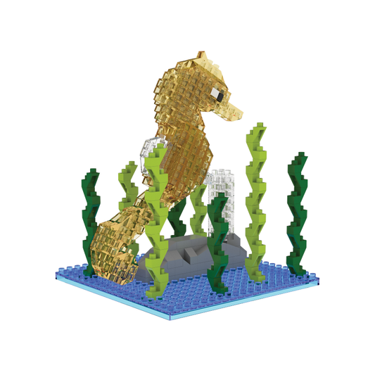 Mini Building Blocks Seahorse set in gold with green seaweed on a blue baseplate on Tampa Home & Garden Store