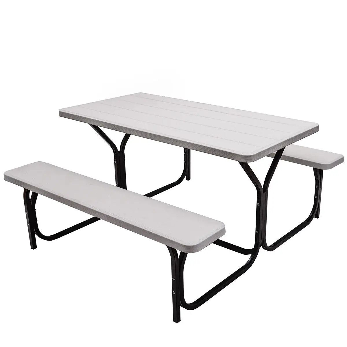 HDPE outdoor picnic table with benches, white slat top, black metal base on Tampa Home & Garden Store