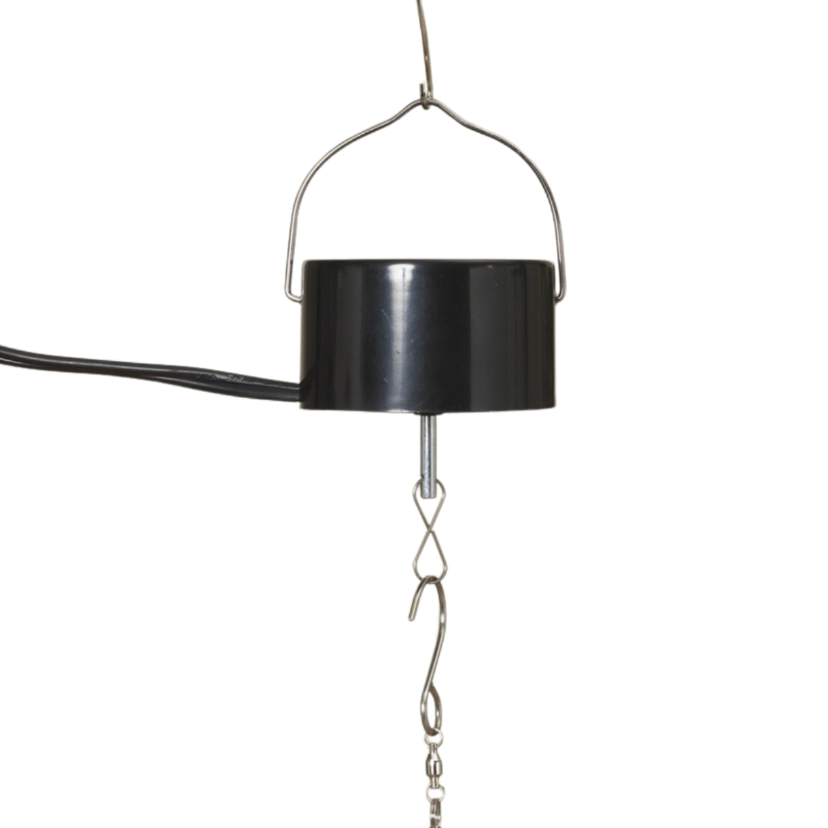 Electric Operated Spinning Hanger 2.5 black plastic housing with wire hanging loop and metal chain on Tampa Home & Garden Store