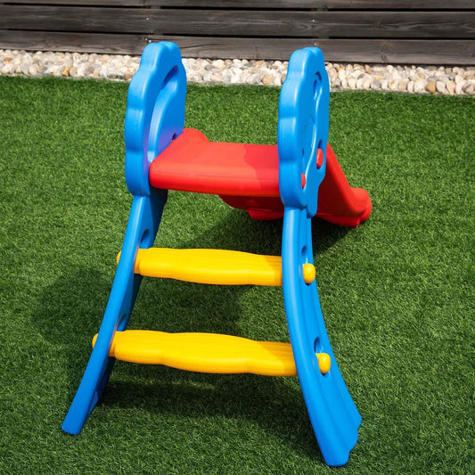 Indoor Outdoor Foldable Slide for Children blue frame yellow steps red platform DirectDeals on Tampa Home & Garden Store