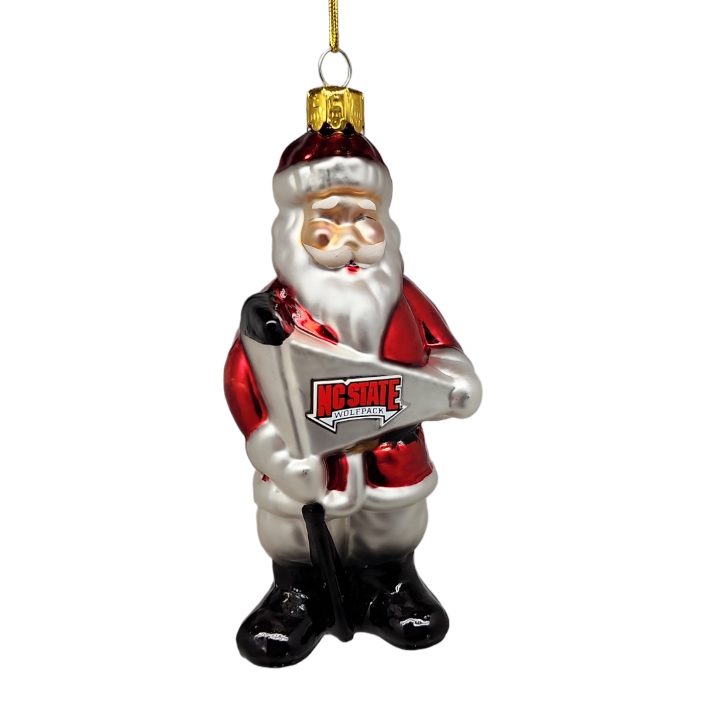 Santa Claus ornament red suit with NC State Wolfpack logo; The Country Christmas Loft on Tampa Home & Garden Store