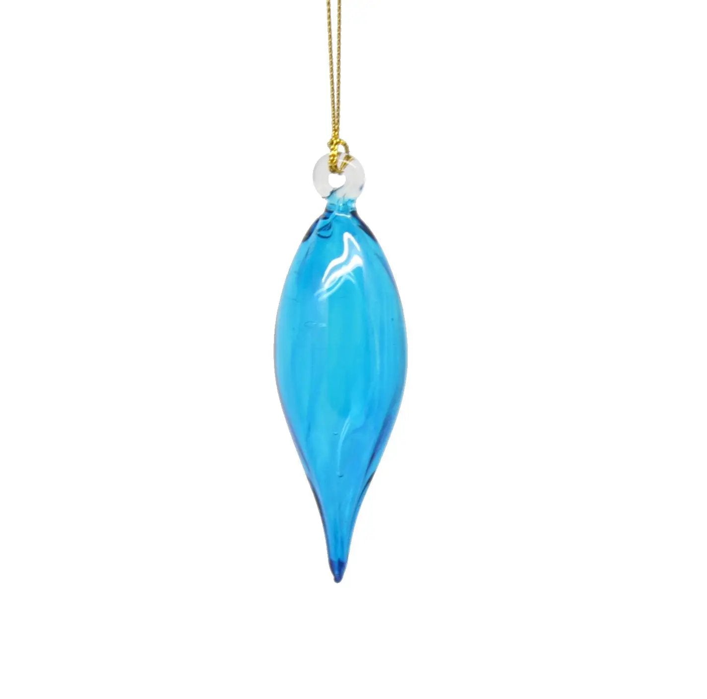 Teardrop blown glass ornament turquoise with gold hanging loop on Tampa Home & Garden Store
