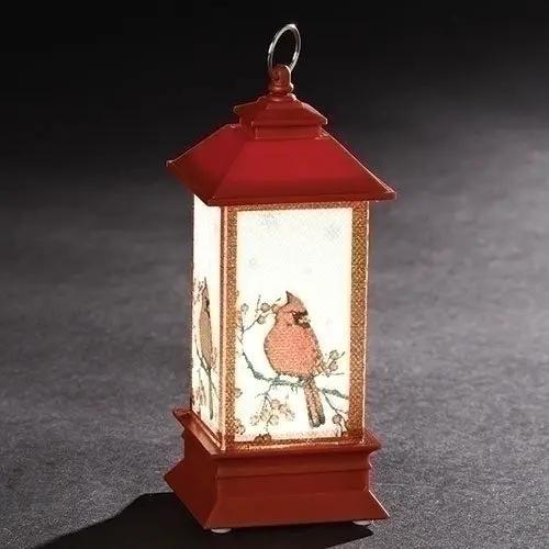 Battery Operated LED Lantern ornament in red with cardinal illustration Christmas novelty on Tampa Home & Garden Store