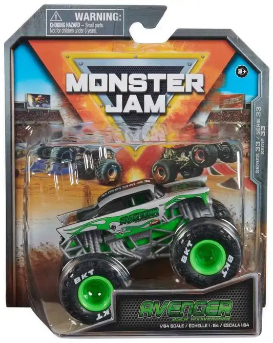 Monster Jam Avenger 1:64 die-cast truck, green body with neon-green wheels on Tampa Home & Garden Store