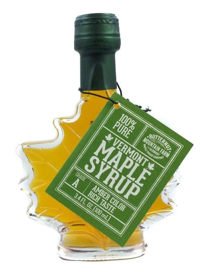 Maple Leaf Grade A Amber Vermont Maple Syrup bottle with green label tag, 3.4 fl oz on Tampa Home & Garden Store