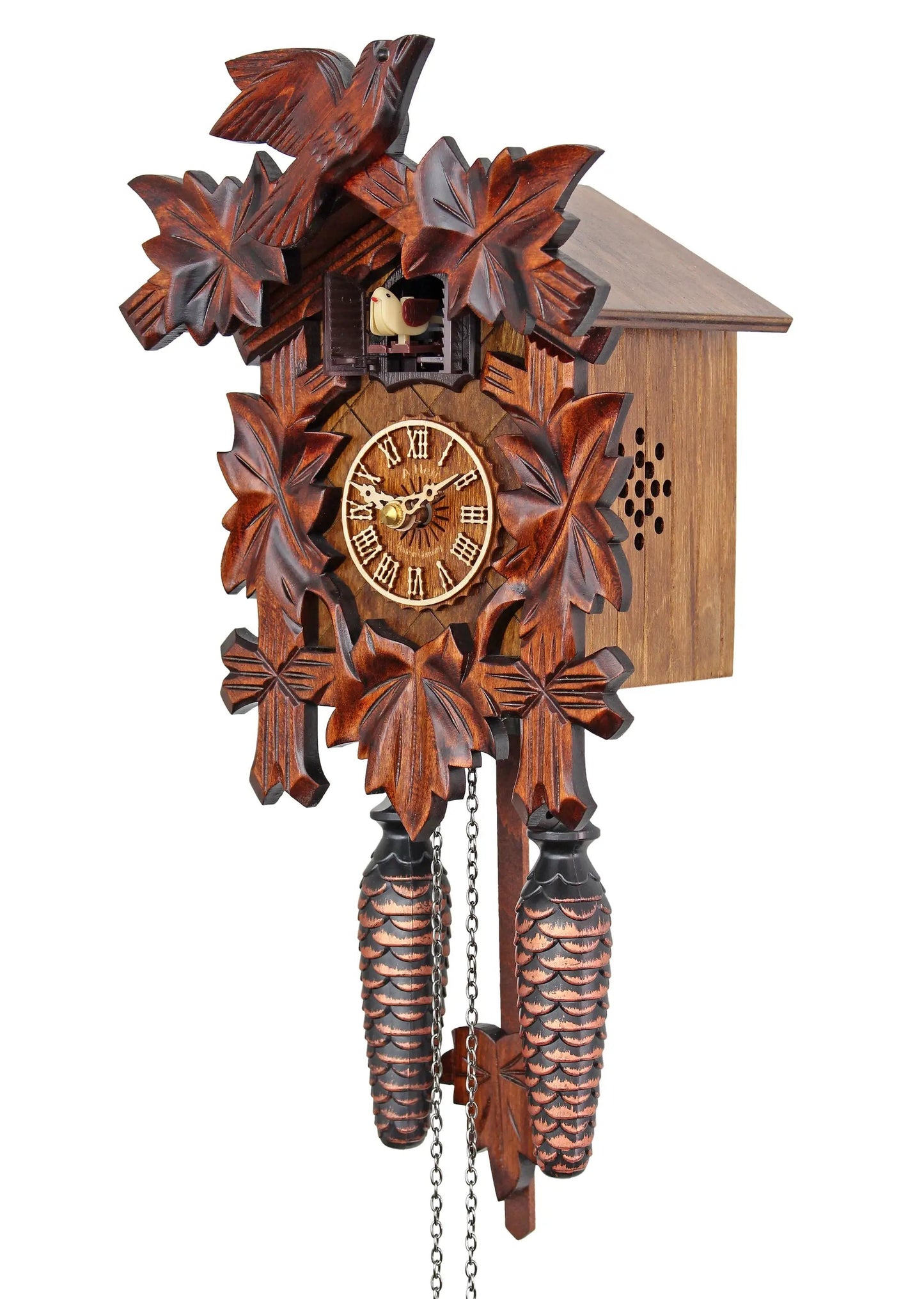 Traditional vine-leaf Black Forest cuckoo clock with carved wooden leaves, roman dial on Tampa Home & Garden Store