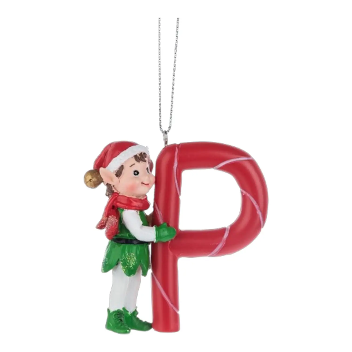 Kindness Elves Monogram Ornament polyresin elf clinging to red candy cane on Tampa Home & Garden Store