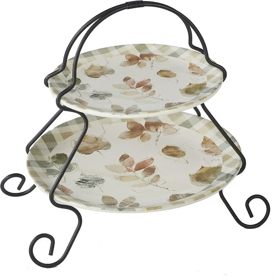 Woodland Walk 2-Tier Server with leaf pattern ceramic dishes and black iron frame on Tampa Home & Garden Store