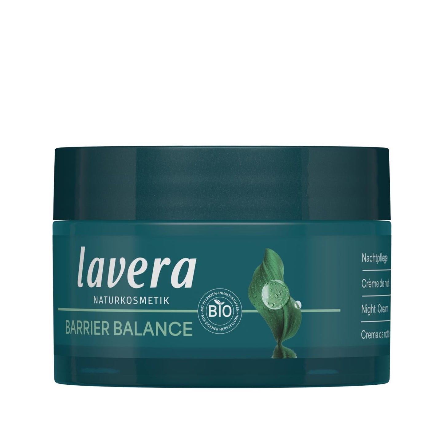 Lavera Barrier Balance Night Cream jar in teal with leaf graphic and BIO seal on Tampa Home & Garden Store