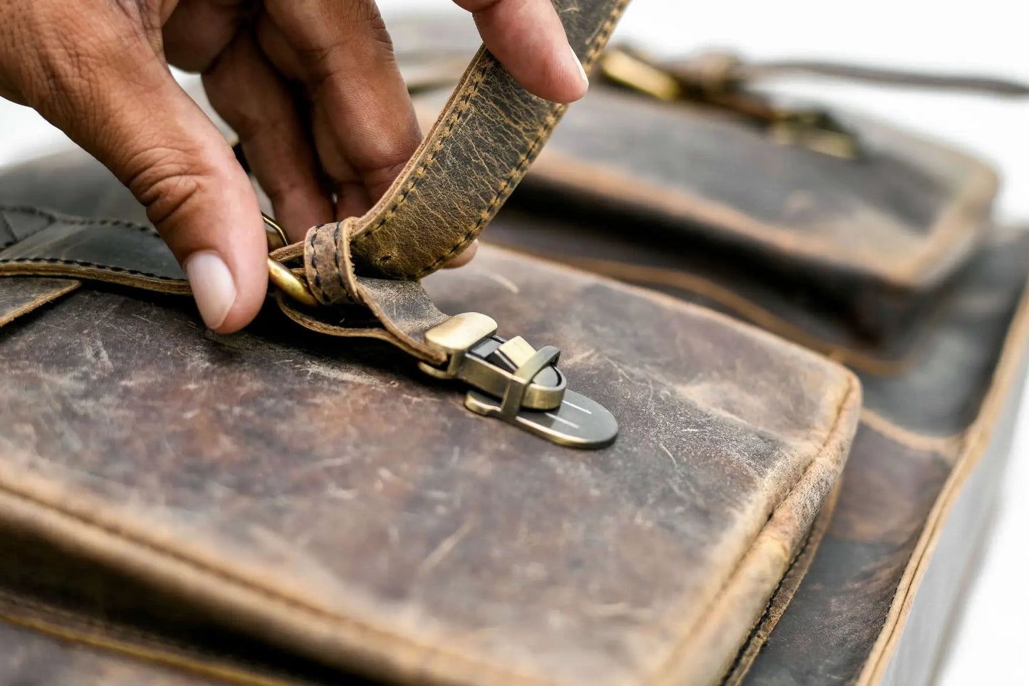 Durable Buffalo Leather Laptop Messenger Bag strap closeup; brown leather and brass buckle on Tampa Home & Garden Store