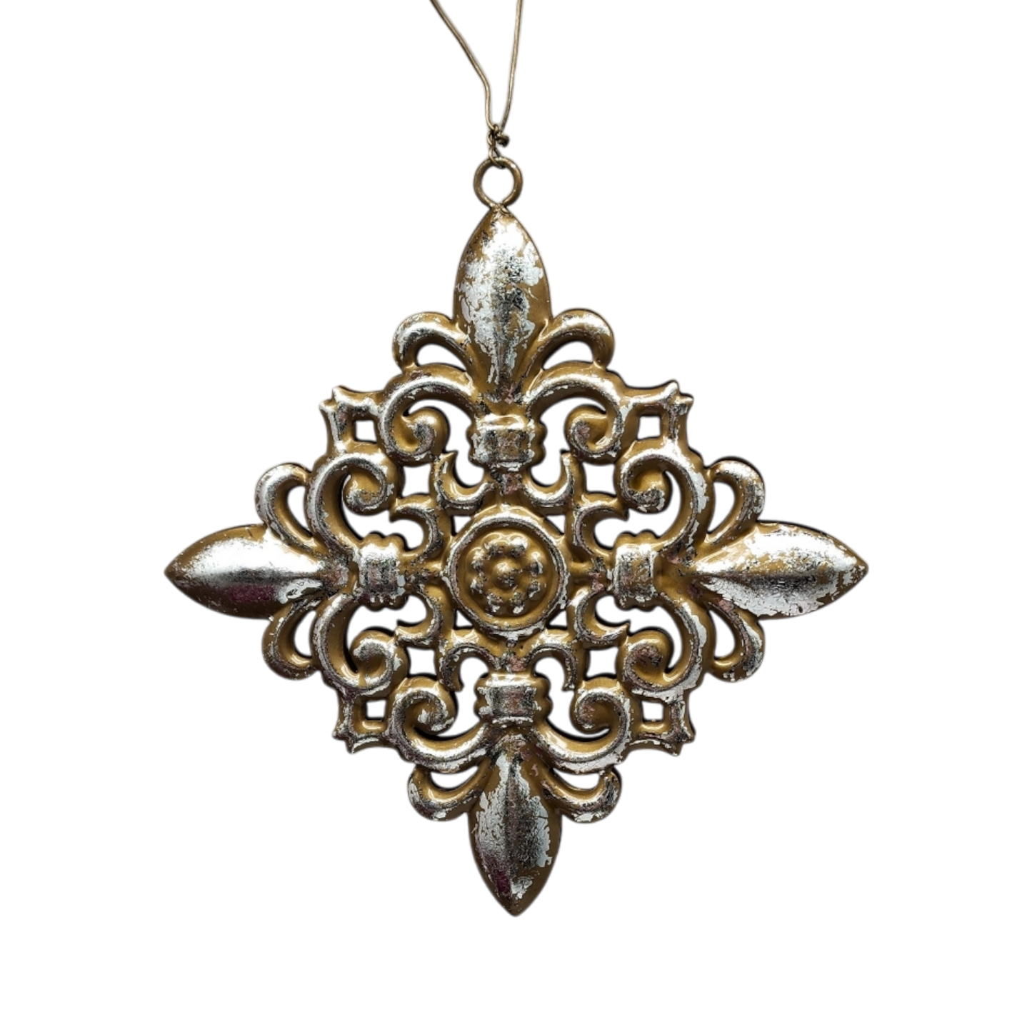 5.5 inch metal ornament filigree quad in antique gold with distressed white accents on Tampa Home & Garden Store