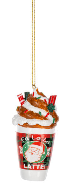 Christmas Latte Ornament with candy canes, red cup, whipped cream, Santa motif, gold hanger on Tampa Home & Garden Store