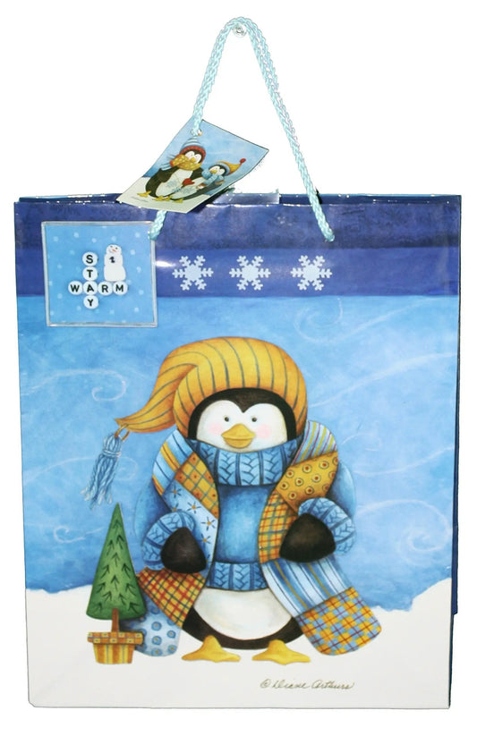 Gloss Finish Gift Bag Frosty Friends Medium with blue snowy penguin illustration and rope handles on Tampa Home & Garden Store