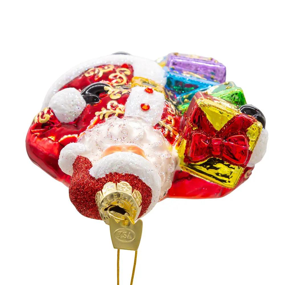 Bellissimo Glass Santa with Gift Boxes Ornament, colorful red and gold gifts on Tampa Home & Garden Store