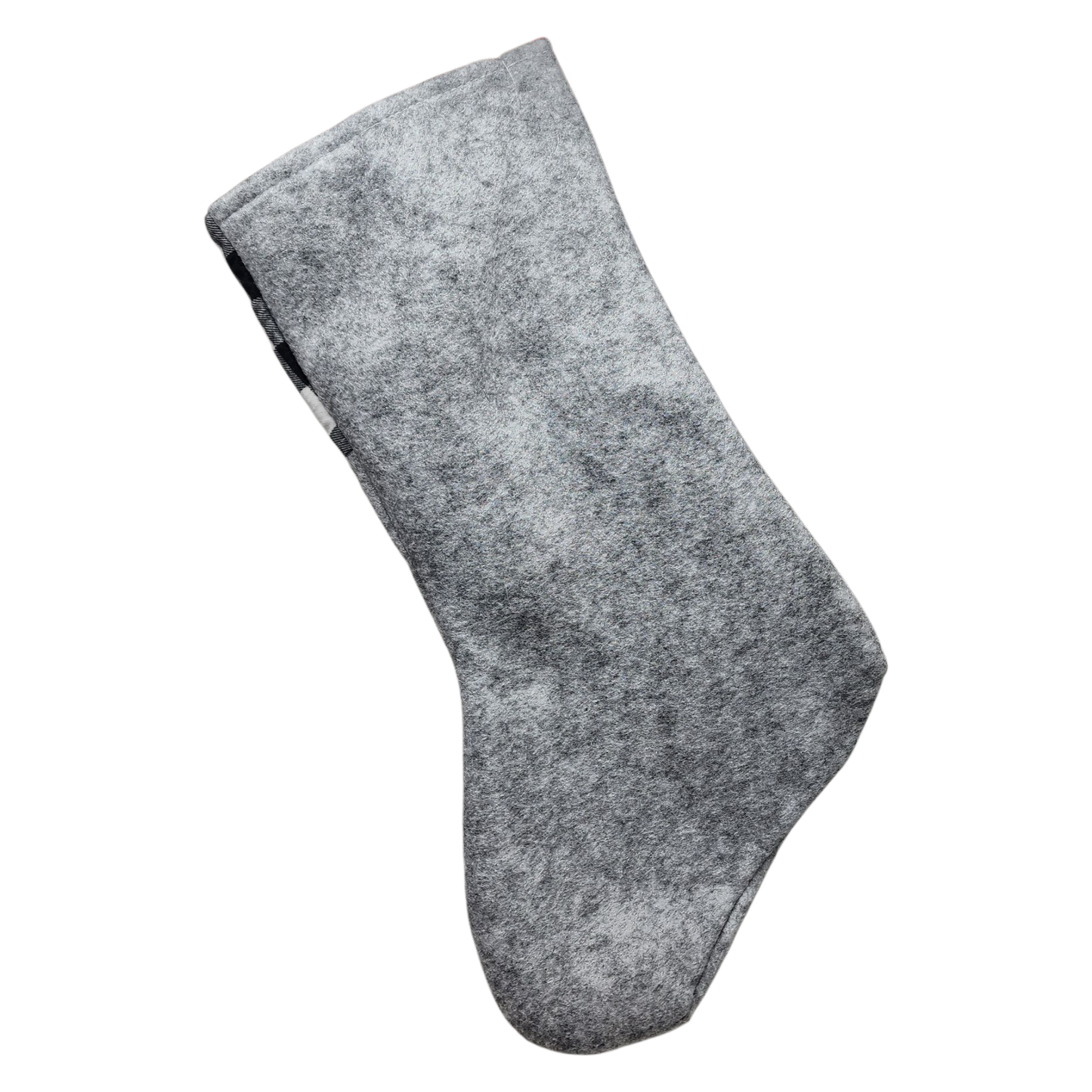 White Buffalo Plaid Gnome Stocking gray marled fabric with striped cuff on Tampa Home & Garden Store