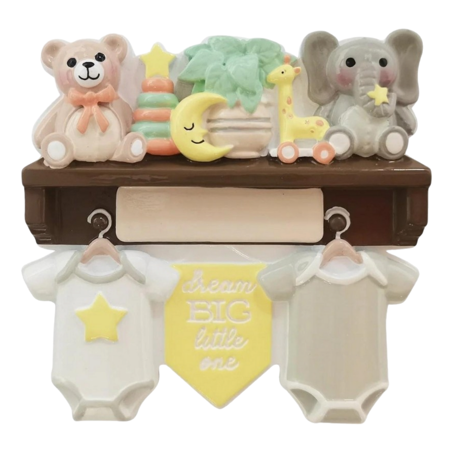 Baby ornament with teddy bear, elephant and giraffe on a brown shelf with pastel moon and stars on Tampa Home & Garden Store