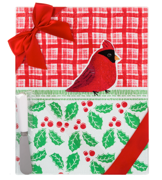 Cardinal glass cutting board with spreader, cardinal & holly motif on plaid wrap on Tampa Home & Garden Store