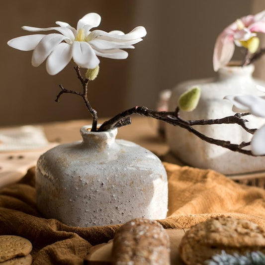 Zen Style Ceramic Vase pair with light gray glaze, dark twigs and white magnolia blossoms on Tampa Home & Garden Store