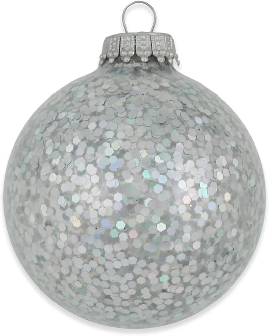 Silver spangle glass ball ornament with iridescent hex sequins and metal cap on Tampa Home & Garden Store