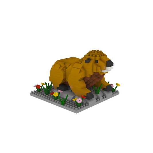 Mini Building Blocks Marmot kit: brown and tan marmot figure on a gray studded base with flowers on Tampa Home & Garden Store